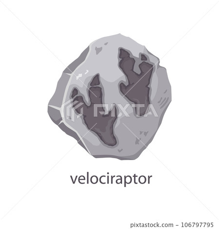 Velociraptor dinosaur footprint fossil, archeology stone. Prehistoric monster claws ground trace, ancient reptile foot evolution museum fossil track or trail. Extinct animal vector footprint Velociraptor dinosaur footprint fossil, archeology stone. Prehistoric monster claws ground trace, ancient reptile foot evolution museum fossil track or trail. Extinct animal vector footprint 106797795