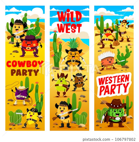 Cartoon western cowboy, sheriff and robber fruits characters on Wild West. Kids holiday western party vector vertical banners with mango, apple, plum, lemon and pineapple, guava cute cowboy personages 106797802