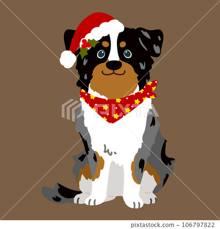 Illustration of a cute Christmas-style Australian Shepherd sitting, no main line Illustration of a cute Christmas-style Australian Shepherd sitting, no main line 106797822