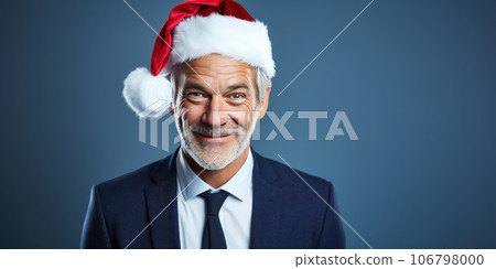Smiling caucasian businessman in santa hat on blue background. Smiling caucasian businessman in santa hat on blue background. 106798000