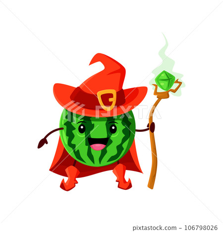 Cartoon watermelon fruit wizard or magician character. Vector smiling necromancer personage with magic staff. Funny wiz wear red hat and cape. Cute sorcerer garden fruit, healthy food mage, fascinator 106798026