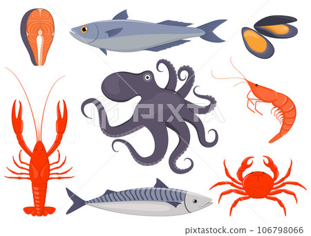 Seafood set. Salmon, mussels, crab, lobster, octopus, shrimp, mackerel in flat style. Fish, seafood icons for restaurant menu. Vector illustration. Seafood set. Salmon, mussels, crab, lobster, octopus, shrimp, mackerel in flat style. Fish, seafood icons for restaurant menu. Vector illustration. 106798066