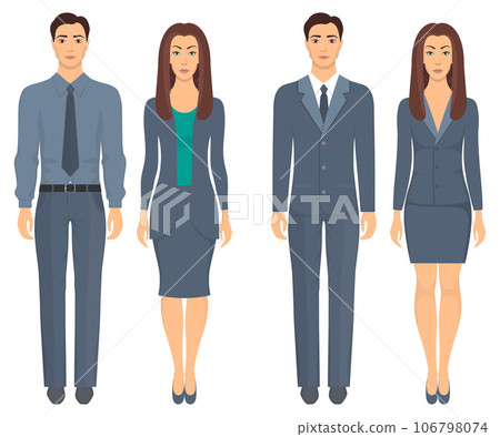 Men and women standing in full growth in formal clothes. Couples in elegant and casual clothes. Basic wardrobe. Vector illustration, isolated. 106798074