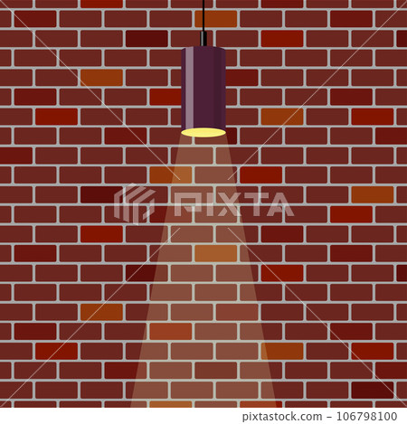 Colorful brick wall, illuminated by hanging lamp. Brick wall background. Violet ceiling lamp. Vector illustration in flat style. 106798100
