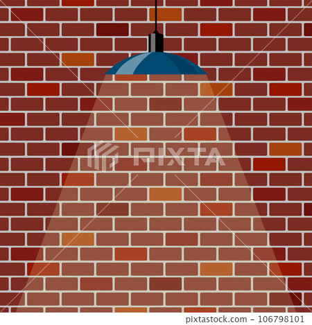 Colorful brick wall, illuminated by hanging lamp. Brick wall background. Blue ceiling lamp. Vector illustration in flat style. 106798101