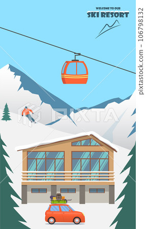 Ski resort. Winter mountain landscape with lodge, ski lift, skier, racing down the slope. Winter sports vacation banner. Vector illustration. 106798132