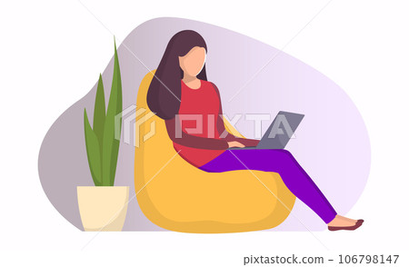 Woman sitting in a bag chair with laptop. Girl with laptop doing remote work. Online freelance work concept illustration for web page or mobile app. Modern flat style vector. Woman sitting in a bag chair with laptop. Girl with laptop doing remote work. Online freelance work concept illustration for web page or mobile app. Modern flat style vector. 106798147