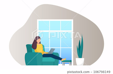 Woman sitting in a chair by the window with laptop. Girl with laptop doing remote work. Online freelance work concept illustration for web page or mobile app. Modern flat style vector. Woman sitting in a chair by the window with laptop. Girl with laptop doing remote work. Online freelance work concept illustration for web page or mobile app. Modern flat style vector. 106798149