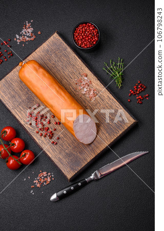 Delicious smoked chicken sausage with salt, spices and herbs Delicious smoked chicken sausage with salt, spices and herbs 106798243