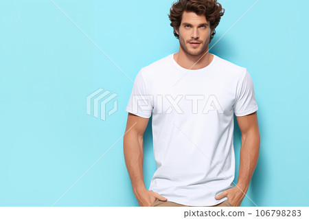 Attractive man wearing blank white t-shirt on blue background. Mockup for tshirt print design 106798283