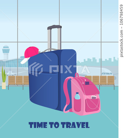 Airport waiting hall with suitcase and backpack in the foreground. Terminal interior, panoramic window, planes and control tower outside. Time to travel. Travel concept, vector illustration, flat. 106798459