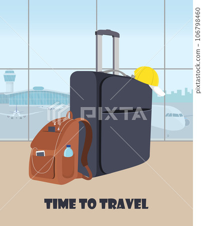 Airport waiting hall with suitcase and backpack in the foreground. Terminal interior, panoramic window, planes and control tower outside. Time to travel. Travel concept, vector illustration, flat. Airport waiting hall with suitcase and backpack in the foreground. Terminal interior, panoramic window, planes and control tower outside. Time to travel. Travel concept, vector illustration, flat. 106798460