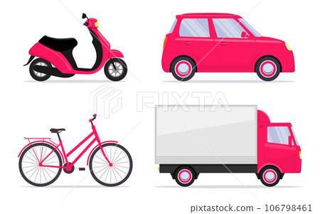 Different vehicles, set. Car, bike, bicycle, scooter, moped, truck. Transport icons. Vector illustration in flat style. Different vehicles, set. Car, bike, bicycle, scooter, moped, truck. Transport icons. Vector illustration in flat style. 106798461