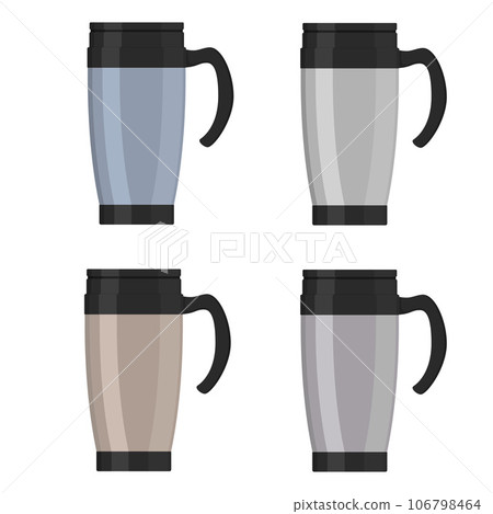 Modern thermo cup, travel mug, thermos isolated on white background, set. Vector illustration in flat style. Modern thermo cup, travel mug, thermos isolated on white background, set. Vector illustration in flat style. 106798464