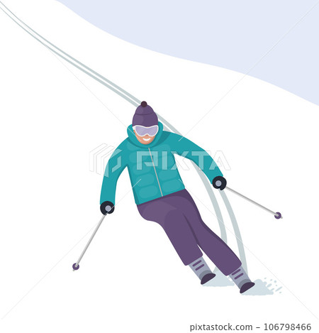 The skier rushes down the slope with a smile on his face. Winter holidays in the mountains. Alpine skiing. Vector illustration in flat style. 106798466