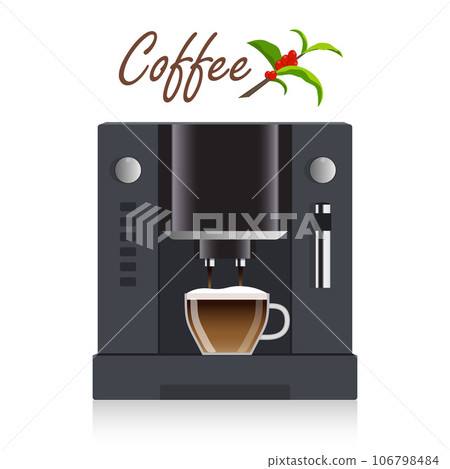 Modern coffee machine for home, restaurant, office or cafe. Coffee break concept illustration. Coffee machine pours freshly brewed coffee into a cup. Flat design, vector. 106798484