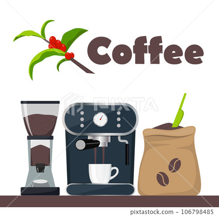 Coffee shop or cafe design illustration with coffee machine, sack with beans, grinder, cup. Tree branch with leaves and coffee berries. Advertising design template, vector. 106798485