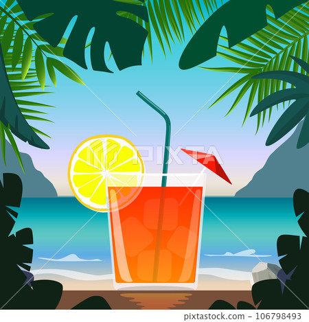 Exotic cocktail in beach bar on seashore. Cocktail with straw, lemon wedge and umbrella, surrounded by tropical leaves. Summer vacation concept. Beach bar poster. Summer party. Vector illustration. Exotic cocktail in beach bar on seashore. Cocktail with straw, lemon wedge and umbrella, surrounded by tropical leaves. Summer vacation concept. Beach bar poster. Summer party. Vector illustration. 106798493