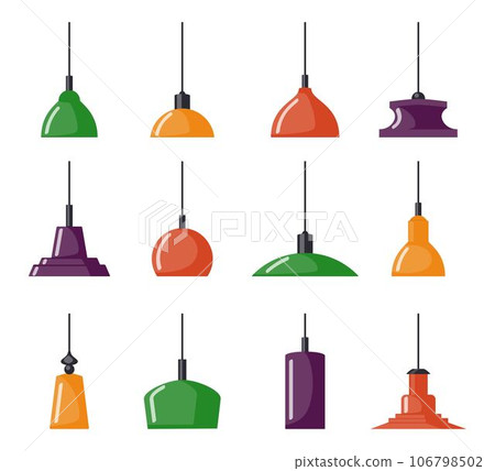 Colorful hanging lamps, set. Chandeliers, lamps, bulbs - elements of modern interior, beautiful icon collection. Vector illustration, isolated. 106798502