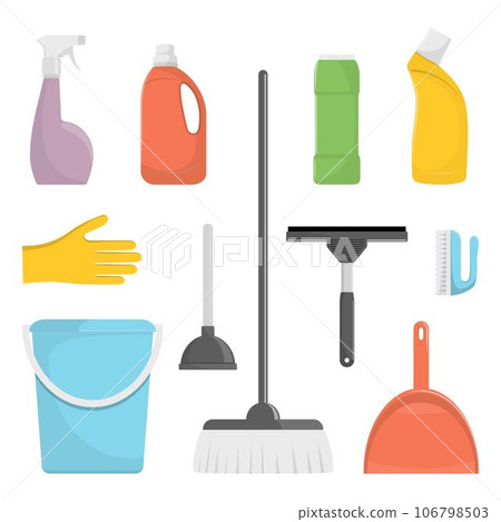 Set of cleaning tools and detergents. Bucket, scoop and brush for sweeping, washing powder, bottle of spray, sponge, brush, glass scraper, rubber gloves. Vector illustration in flat style. 106798503