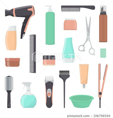 Tools and cosmetic products for hair care. Professional hairdressing tools. A set of elements for a beauty salon. Vector illustration in flat style. 106798504