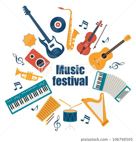 Musical instruments and vinyl record. Music festival invitation. Guitar, synthesizer, violin, cello, drum, cymbals, saxophone, accordion, tambourine, trumpet, harp, loudspeaker. Vector illustration. Musical instruments and vinyl record. Music festival invitation. Guitar, synthesizer, violin, cello, drum, cymbals, saxophone, accordion, tambourine, trumpet, harp, loudspeaker. Vector illustration. 106798505