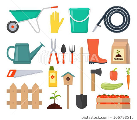 Colorful vector set of garden icons: garden tools, equipment, planting process, harvest. Flat style vector ollustration. Colorful vector set of garden icons: garden tools, equipment, planting process, harvest. Flat style vector ollustration. 106798513