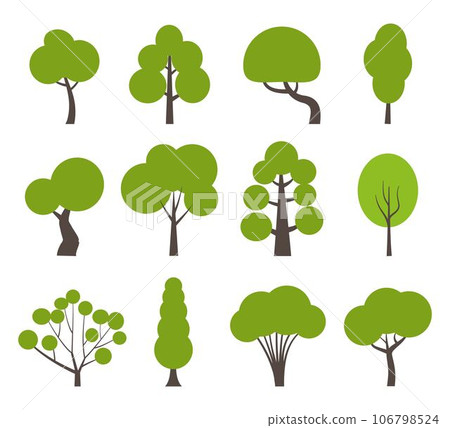 Various green trees in simple graphic style. Tree icons set in a modern flat style. Vector illustration. Various green trees in simple graphic style. Tree icons set in a modern flat style. Vector illustration. 106798524