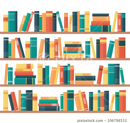 Book shelves with multicolored book spines. Books on a shelf. Vector illustration in flat style. 106798552