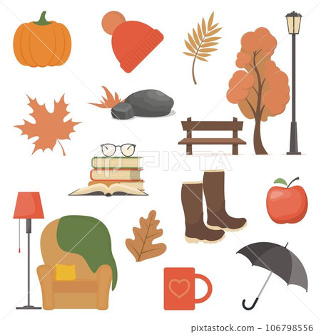 Autumn element set. Vector autumn attributes: pumpkin, apple, boots, umbrella, chair, plaid, books, mug, tree, bench, lantern, hat, leaves, Illustration for web, card, poster, cover, tag, invitation. Autumn element set. Vector autumn attributes: pumpkin, apple, boots, umbrella, chair, plaid, books, mug, tree, bench, lantern, hat, leaves, Illustration for web, card, poster, cover, tag, invitation. 106798556
