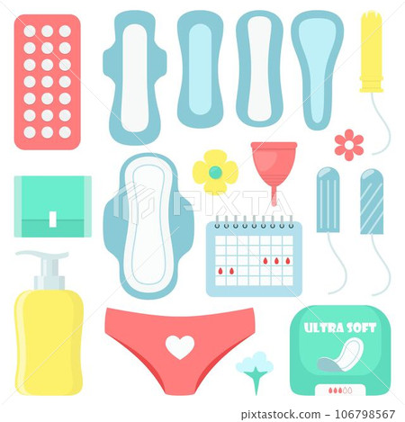 Menstruation, set of elements. Pads, tampons, menstrual cup and other feminine hygiene products. Menstrual calendar. Female menstrual cycle. Pill. Vector iilustration in flat style. Menstruation, set of elements. Pads, tampons, menstrual cup and other feminine hygiene products. Menstrual calendar. Female menstrual cycle. Pill. Vector iilustration in flat style. 106798567