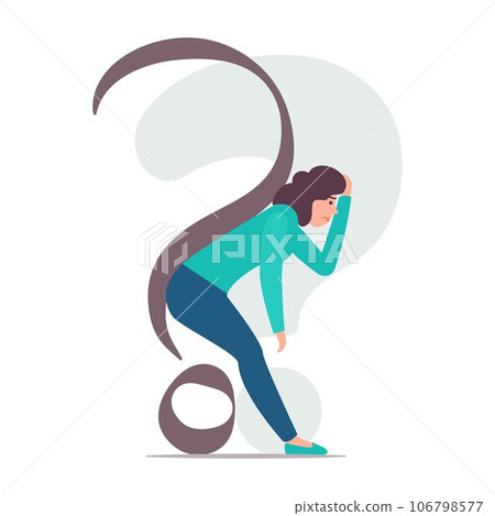 Woman is bent under the question mark. Woman is dejected by problems and doubts. Vector concept illustration. Woman is bent under the question mark. Woman is dejected by problems and doubts. Vector concept illustration. 106798577