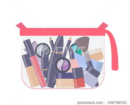 Plastic transparent cosmetic bag with makeup products. Different decorative cosmetics. Everything for make up. Vector illustration. Plastic transparent cosmetic bag with makeup products. Different decorative cosmetics. Everything for make up. Vector illustration. 106798581