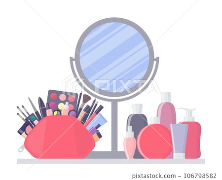 Big pink cosmetic bag with different decorative cosmetics, table mirror and cosmetic bottles. Products for beauty and cleanser. Everything for make up. Vector illustration. Big pink cosmetic bag with different decorative cosmetics, table mirror and cosmetic bottles. Products for beauty and cleanser. Everything for make up. Vector illustration. 106798582