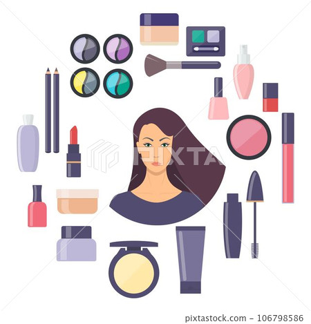 Woman face surrounded by decorative cosmetics elements. Everything for make up and self care. Woman face surrounded by decorative cosmetics elements. Everything for make up and self care. 106798586