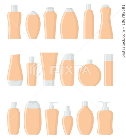 Set of beige flat cosmetic bottles. Cream, shampoo, gel, spray, tube and soap. Skin and body care, toiletres. Products for beauty and cleanser. Vector illustration in flat style Set of beige flat cosmetic bottles. Cream, shampoo, gel, spray, tube and soap. Skin and body care, toiletres. Products for beauty and cleanser. Vector illustration in flat style 106798591