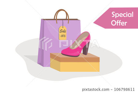 Stylish modern woman s shoes on box, side view, colorful paper bag and price tag with 50 percent discount. Sale in a shoe store. Footwear sale advertising banner. Vector illustration, flat style. Stylish modern woman s shoes on box, side view, colorful paper bag and price tag with 50 percent discount. Sale in a shoe store. Footwear sale advertising banner. Vector illustration, flat style. 106798611