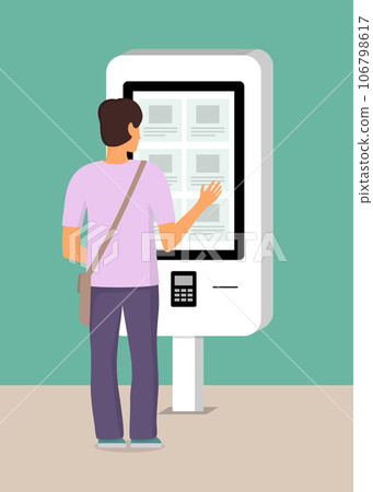 Man using self-service payment and information electronic terminal with touch screen. Vector illustration in flat style. 106798617