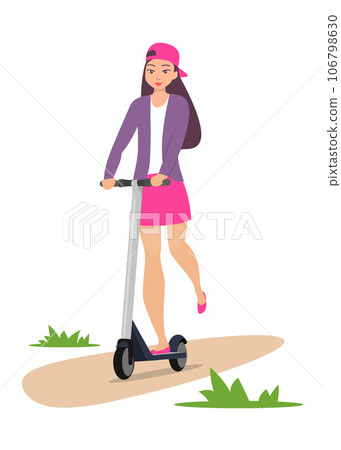 Cute girl riding kick scooter. Teen girl in short skirt, jacket and baseball cap rides on scooter. Young charming female character on kick scooter, vector in flat style. 106798630