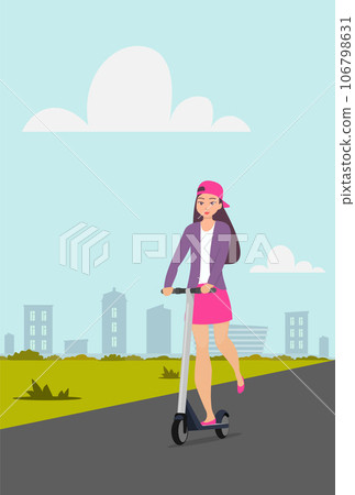 Cute girl riding kick scooter on city street. Teen girl in short skirt, jacket and baseball cap rides on scooter. Young charming female character on kick scooter, vector in flat style. Cute girl riding kick scooter on city street. Teen girl in short skirt, jacket and baseball cap rides on scooter. Young charming female character on kick scooter, vector in flat style. 106798631