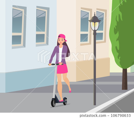 Cute girl riding kick scooter on city street. Teen girl in short skirt, jacket and baseball cap rides on scooter. Young charming female character on kick scooter, vector in flat style. Cute girl riding kick scooter on city street. Teen girl in short skirt, jacket and baseball cap rides on scooter. Young charming female character on kick scooter, vector in flat style. 106798633