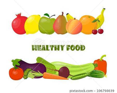 Natural organic vegetables and fruits. Beautiful composition for card, banner, poster, flyer, app, website on healthy eating, ecological, dietology, nutrition, vegetarian themes. Vector illustration. 106798639