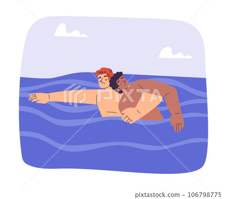 Man Beach Lifeguard Character Swimming with Guy Drowning in Water Vector Illustration 106798775