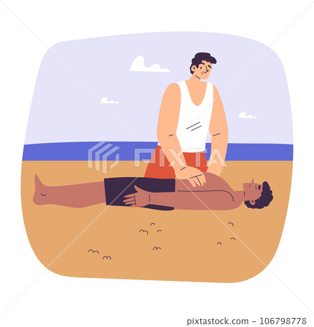 Man Beach Lifeguard Character Provide First Aid to Guy Lying in Sand Vector Illustration 106798778