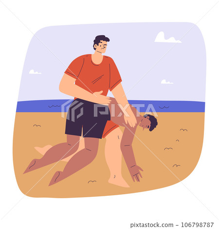 Man Beach Lifeguard Character Provide First Aid to Guy Drown Vector Illustration Man Beach Lifeguard Character Provide First Aid to Guy Drown Vector Illustration 106798787