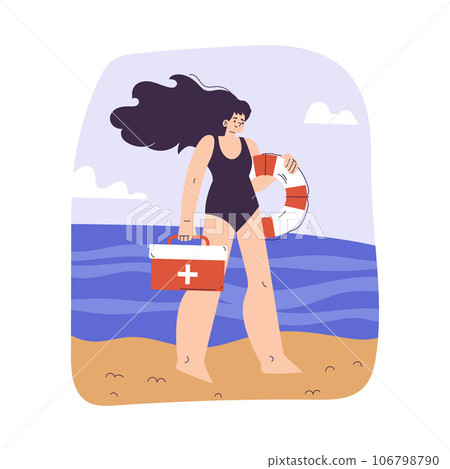 Woman Beach Lifeguard Character with First Aid Kit Box and Lifebuoy Vector Illustration 106798790