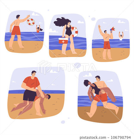 Beach Lifeguard Man and Woman Character Supervising and Rescue Vector Set Beach Lifeguard Man and Woman Character Supervising and Rescue Vector Set 106798794