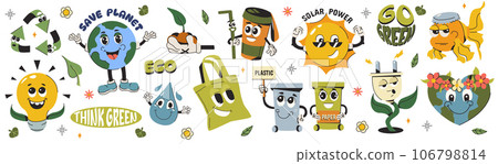 Flat set stickers of save the planet in trendy groovy style Flat set stickers of save the planet in trendy groovy style 106798814