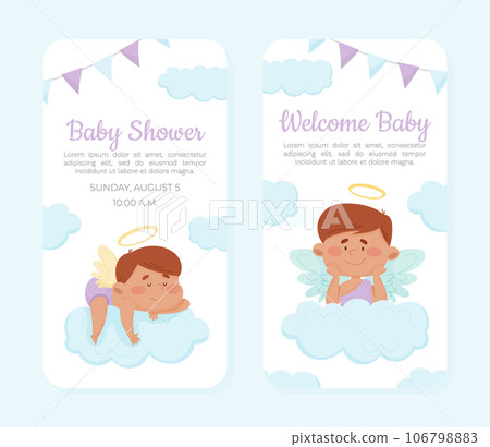 Baby Shower Card with Cute Boy Angel Character with Wings and Nimbus on Cloud Vector Template Baby Shower Card with Cute Boy Angel Character with Wings and Nimbus on Cloud Vector Template 106798883