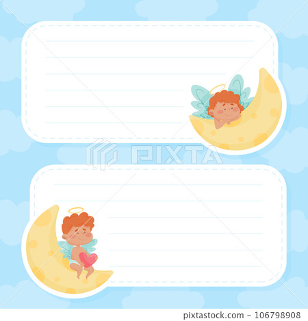 Empty Note Card with Cute Boy and Girl Angel Character with Wings and Nimbus on Crescent Vector Template Empty Note Card with Cute Boy and Girl Angel Character with Wings and Nimbus on Crescent Vector Template 106798908